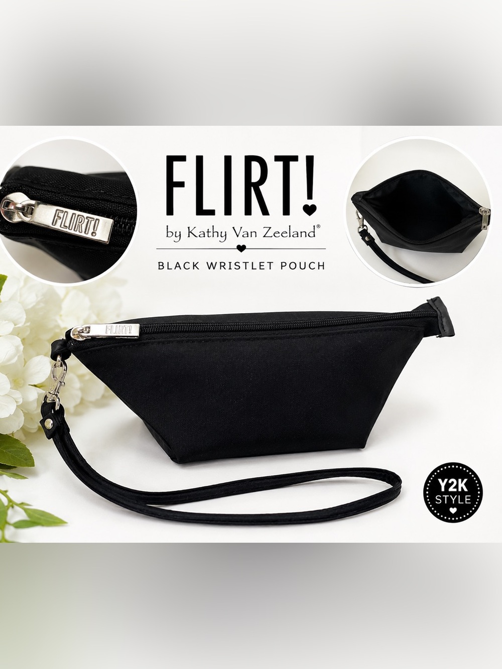 FLIRT! by Kathy Van Zeeland Black Wristlet Pouch Small Cosmetic Bag Y2K